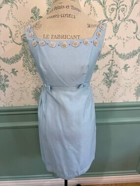 Vintage 1960s Nadine Light Powder Blue Beaded Daisy Empire Waist Mini Dress⁠